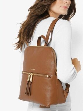 Michael Kors Acorn Brown Leather Rhea Backpack with Gold Hardware